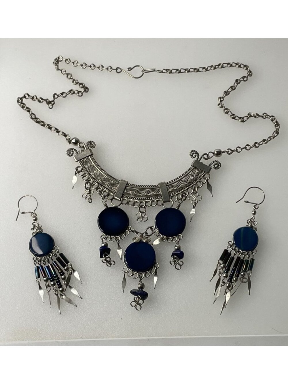 Archival Afghan Kuchi Lapis Blue Bib Set - Hand-Forged 17" Choker & Drop Earring
